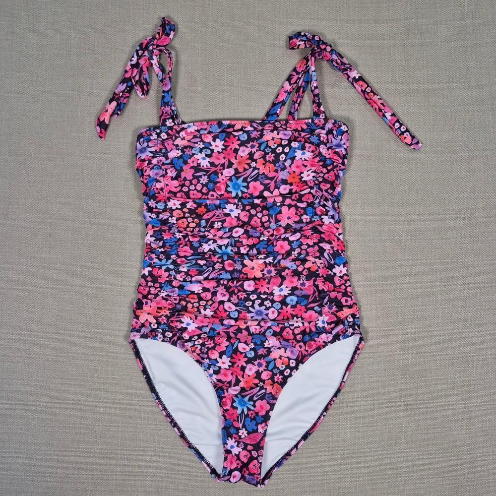 Tempt Me Floral One Piece Swimsuit Ruched Tummy Control Tie Strap Pink Purple S